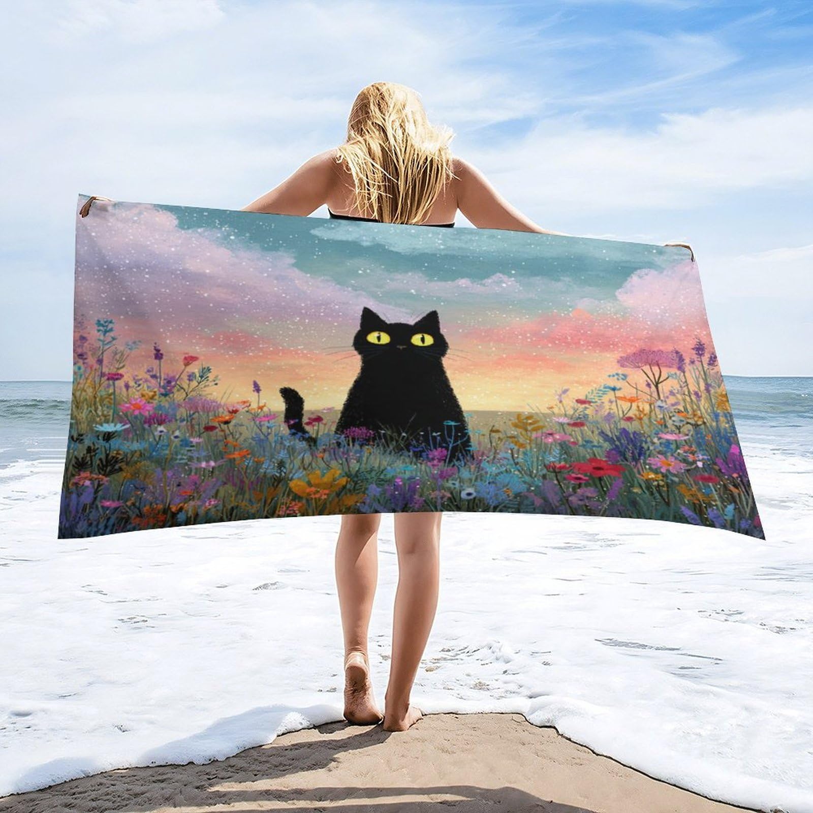 Luyysky Rustic Cute Black Cat Absorbent Beach Towel, Classic Watercolor Sunset Botanical Plant Daisies Flowers Animal Kitte Outdoor Single-Sided Velvet Beach Towel-80 W Cm X 160" L Cm