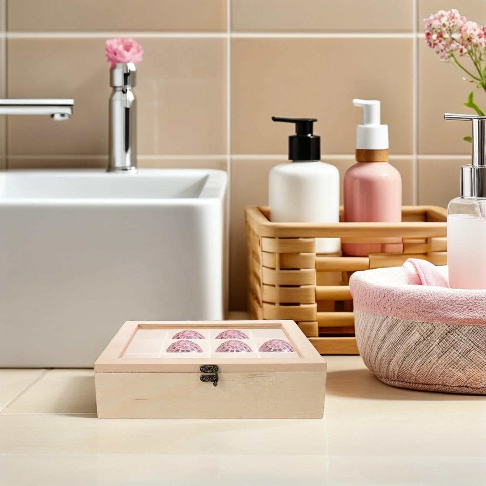 Caja Organizadora de Madera para Lavandería con Tapa y Separadores, Contenedor de Almacenamiento para Bolas de Secadora, Accesorio Compacto 30x30x5 Cm para Cuarto de Lavado