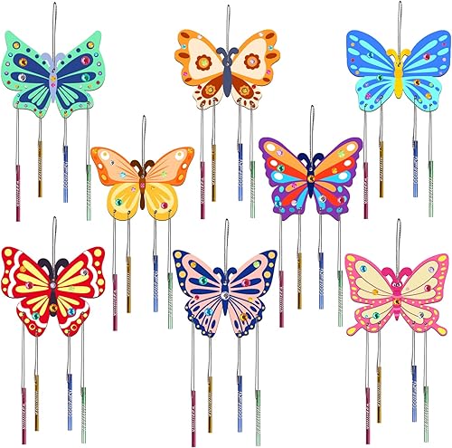Fennoral Paquete de 8 carillones de viento de mariposa para niños, haz tu propio carillón de viento de mariposa, artes y manualidades de madera para