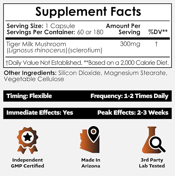Nootropics Depot Tiger Milk Mushroom Capsules | 300mg | 60 Count | Lignosus rhinocerus Sclerotium | Cognition, Histamine, Respiratory Support