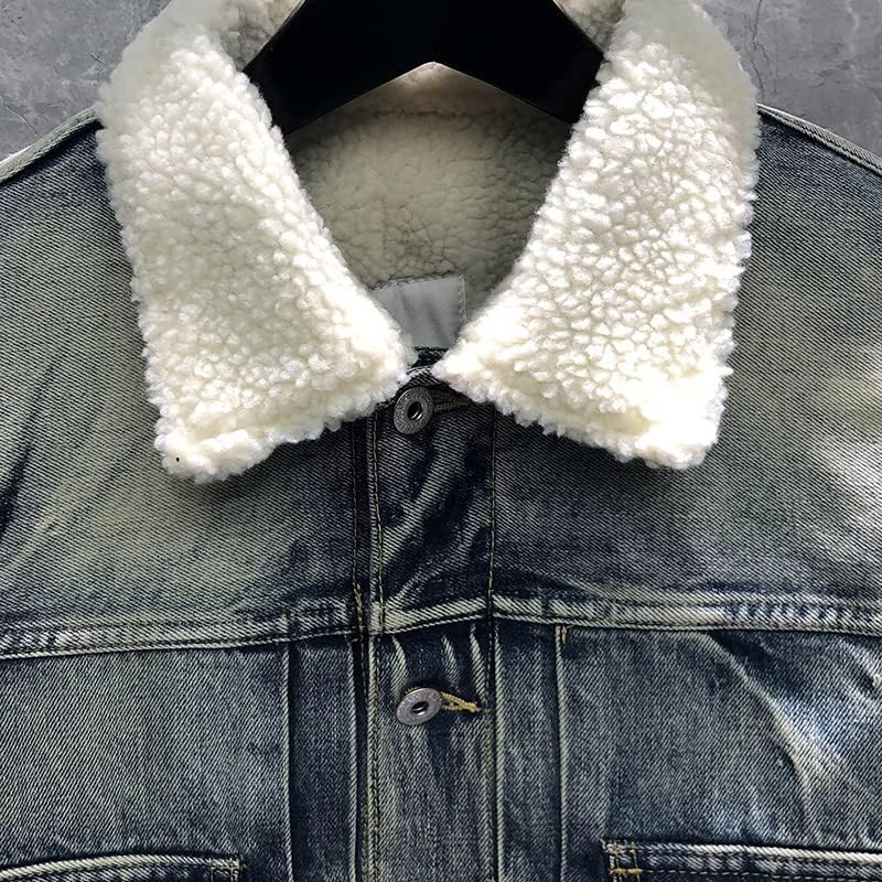 AAPAH Men's Retro Lamb fleece Thickening Keep Warm Outdoor Sports Tooling Denim Jacket Denims Coat