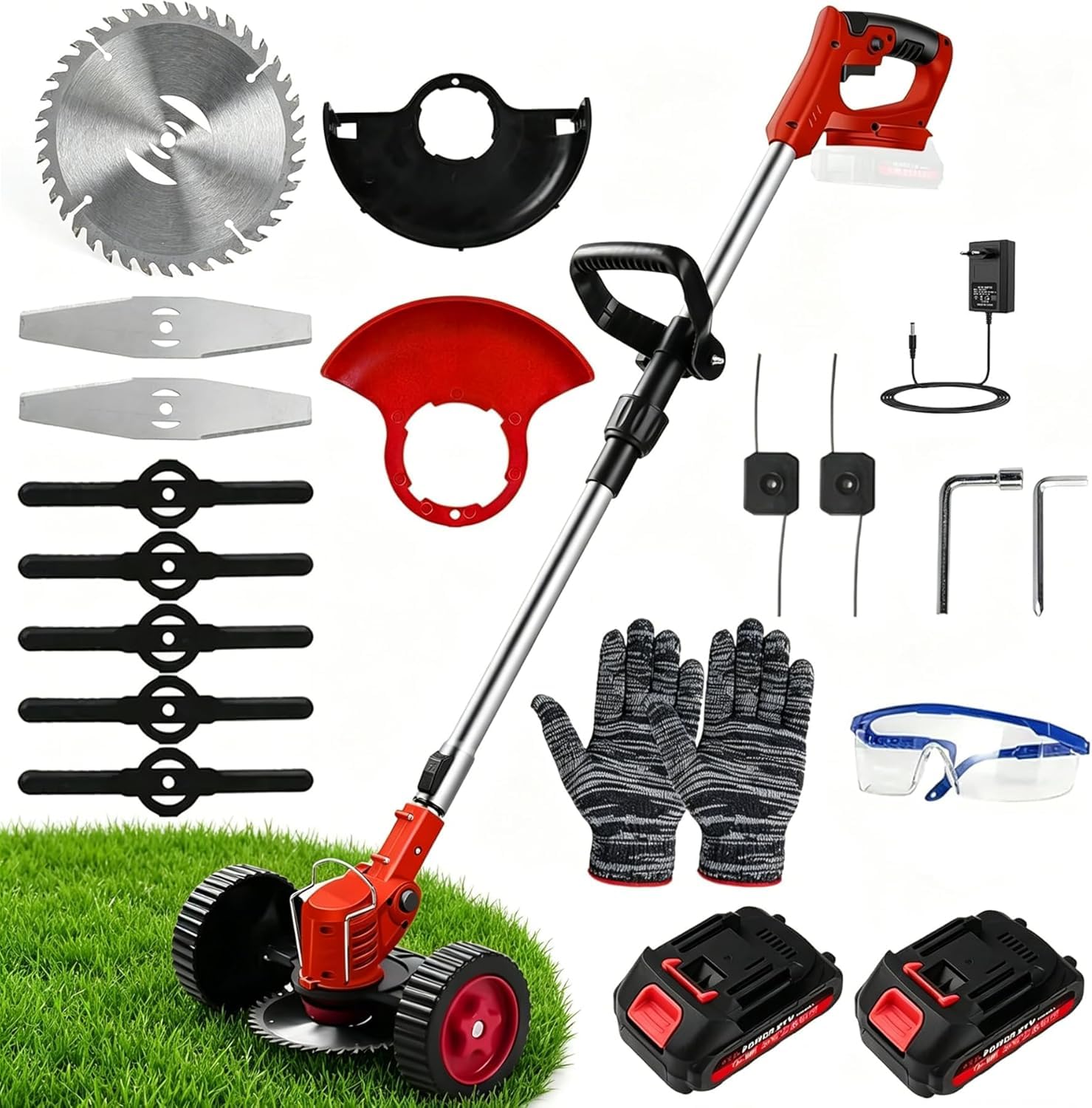 Decespugliatore Elettrico, 21V Tagliabordi a Batteria con Ruote, 2 x Batterie 1,5Ah, Regolabile in Altezza, 4 Tipi di Lame, per Taglio di Giardini, Prati e Terreni
