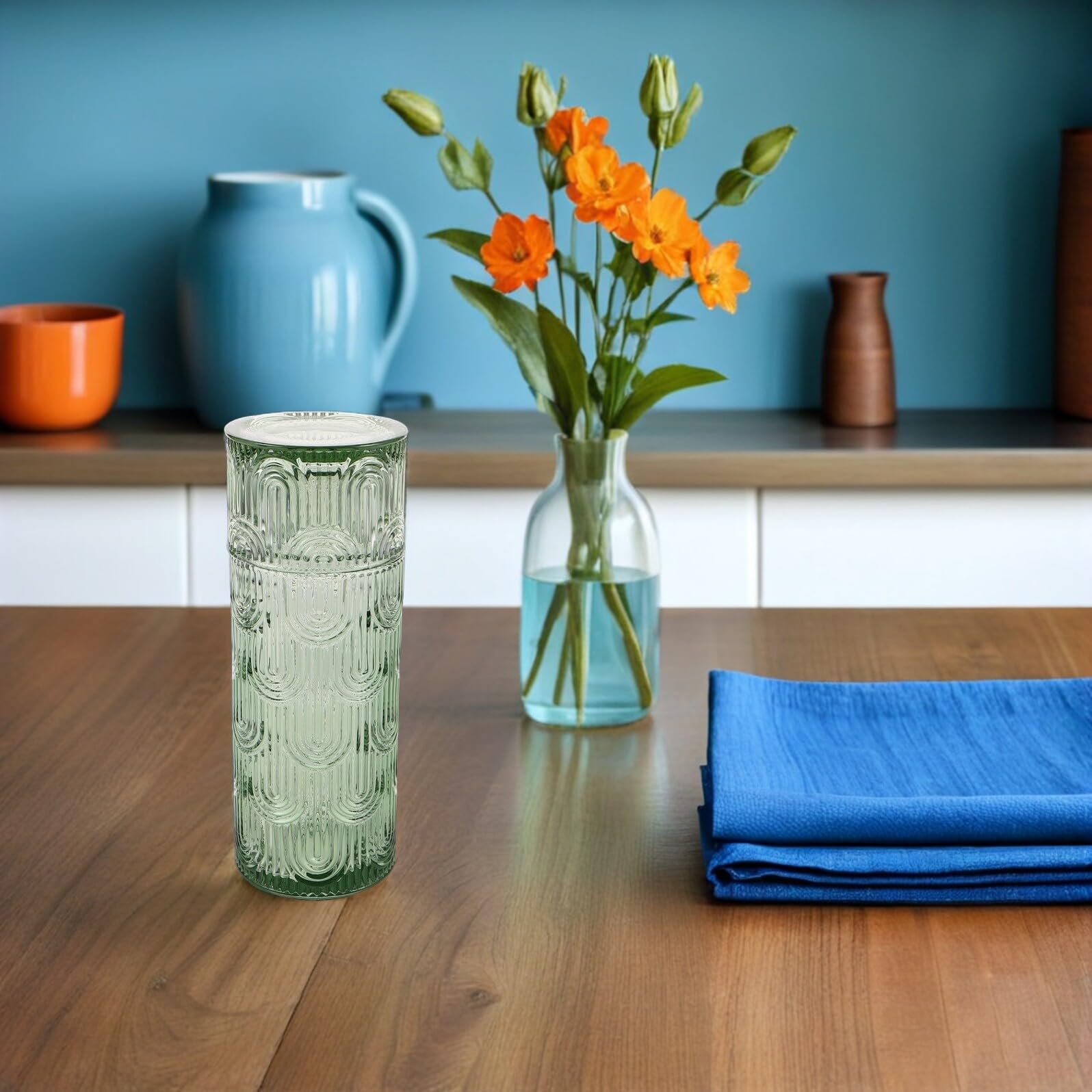 Nachttisch Wasserkaraffe Satz mit Trinkglas aus Klarem Geprägtem Glas Kaltwasserflasche und Saftkrug für Schlafzimmer und Büro Karaffe mit Deckel Vielseitig für Wasser Saft und