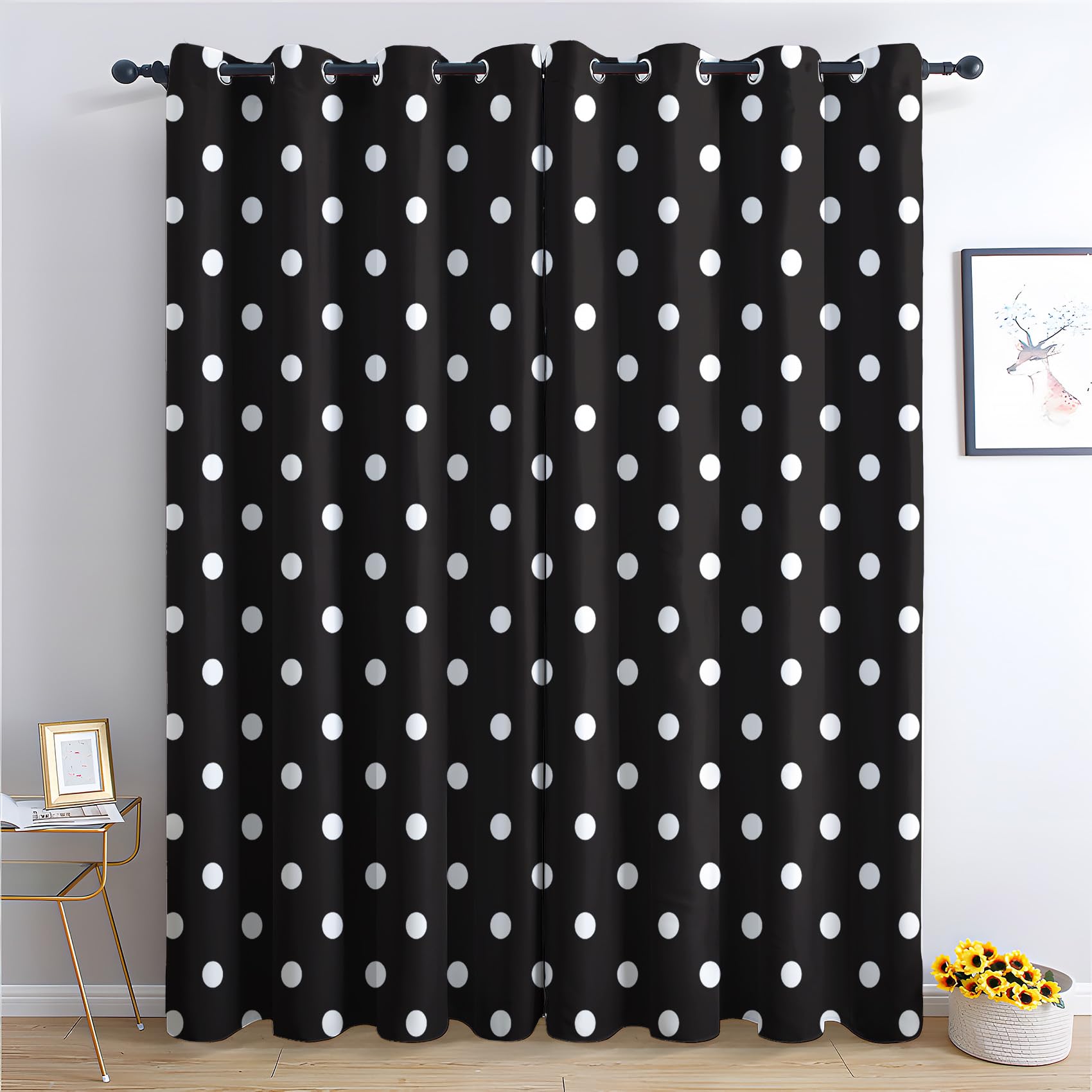 Phtbz Polka Dot Curtains for Bedroom Living Room, Black and White Blackout Curtains & Home Decor, Geometric Window Curtains, Thermal Room Darkening