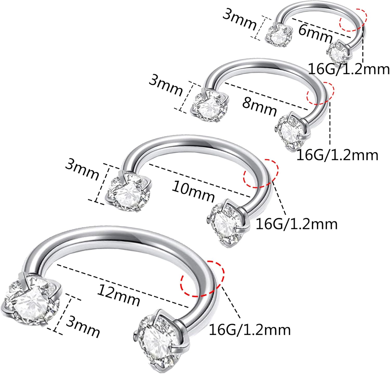 16G 18G 20G Internal Thread Horseshoe Nose Ring,316L Stainless Steel Circular Barbell Helix Snug Tragus Rook Daith Cartilage Earring Lip Ring Piercing Jewelry for Women Men 6mm 8mm 10mm 12mm - Image 2