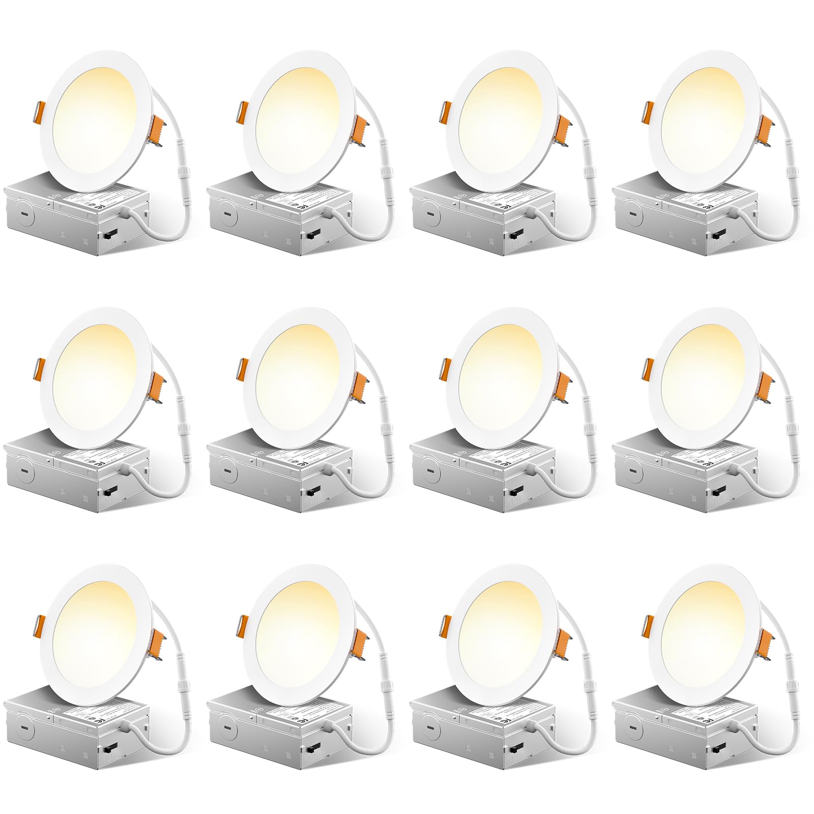 FREELICHT 12 Pack 4 Inch 5CCT Ultra-Thin LED Recessed Ceiling Light with Junction Box, 2700K/3000K/3500K/4000K/5000K Selectable, 700LM Brightness, Dimmable Canless Wafer Downlight, 10WEqv90W, ETL&FCC