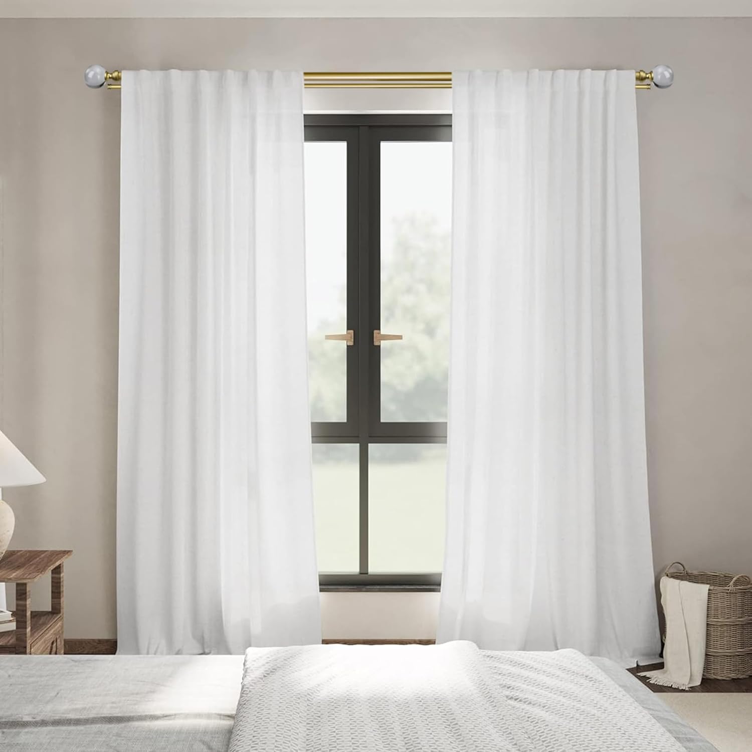 Brass Gold Double Curtain Rods for Windows 25 to 68 Inch, 1 Inch Heavy Duty Decorative Drapery Rods with Crystal Ball Finials, Adjustable 24-68" Dual Curtain Rod for Living Room Darkening Panels
