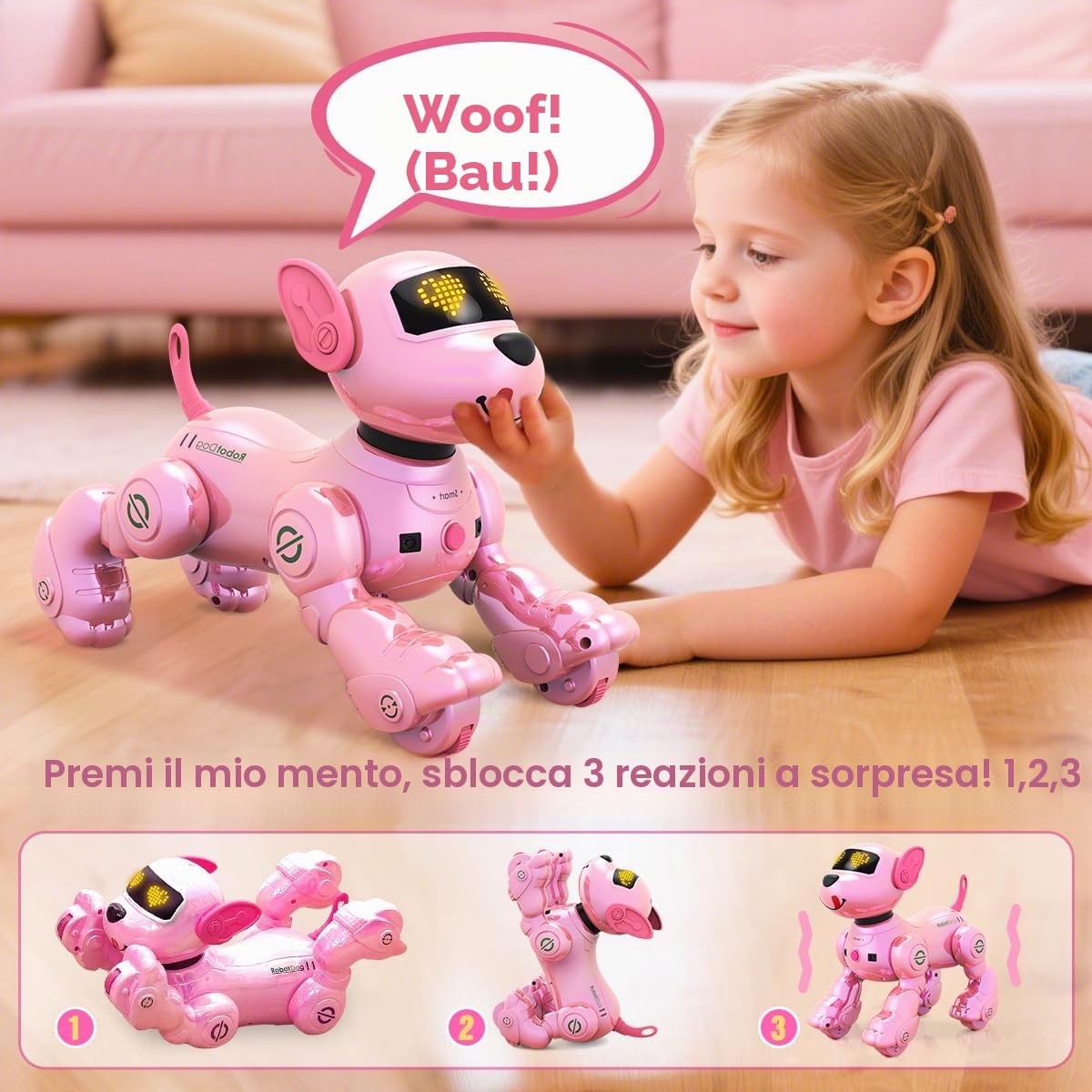 VATOS Robot Cane Ricaricabile per Bambini, Cane Robotico con Telecomando, Programmabile, 17 Funzioni Interattive e Volume Regolabile, Cucciolo Robot che Canta e Balla Regalo per Bambine, Rosa