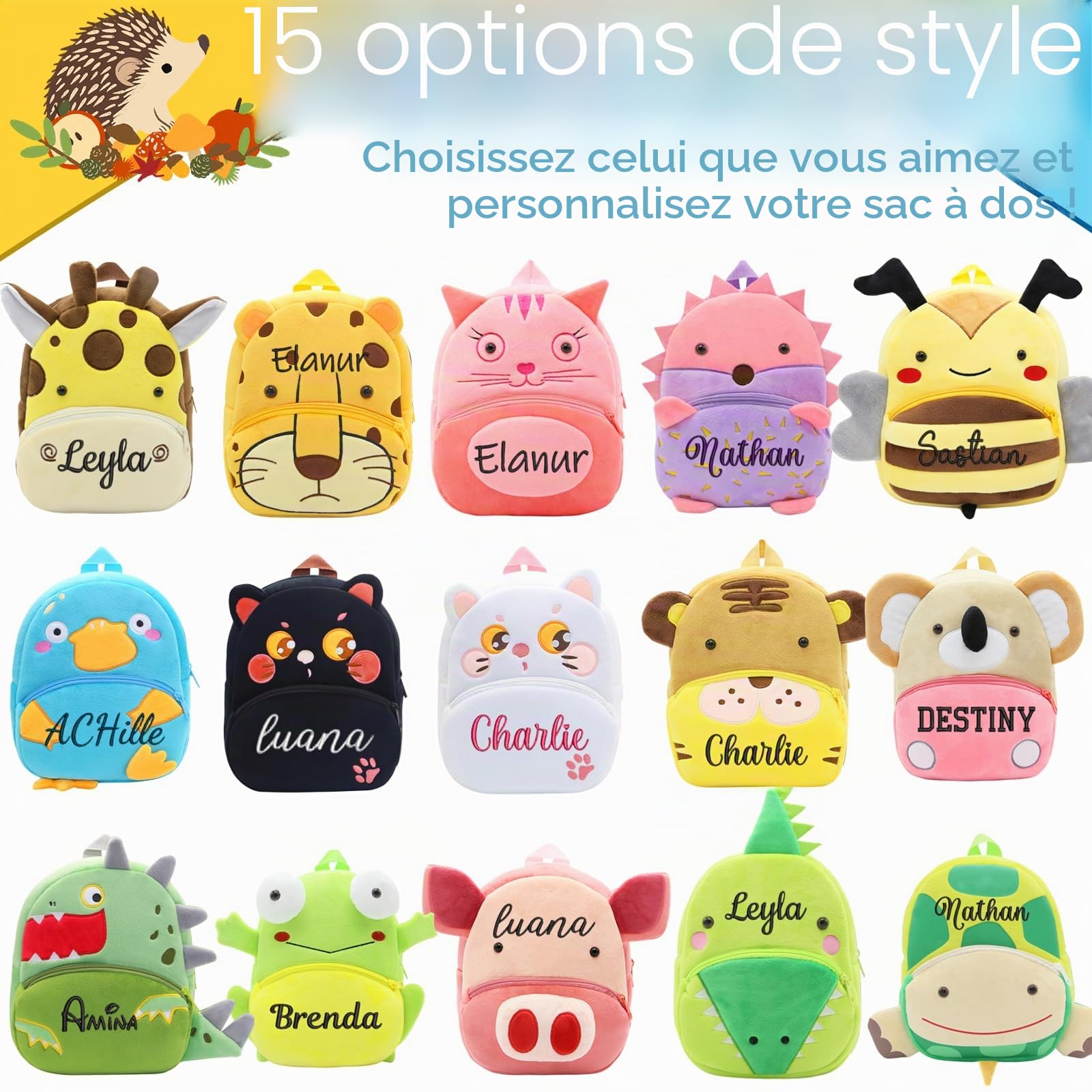 Brodé Sac a dos Personnalisé Enfant avec Nom Brodé,Sac à dos Bebe Crèche Personnalisable, Cadeau de fournitures pour la Rentrée Scolaire,15 Styles de Sacs d'école avec Animaux#1