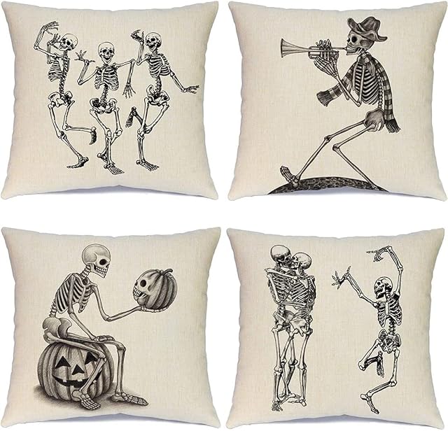Halloween Pillow Covers Skeleton Skull Pumpkin Throw Pillowcases Set of 4 Cotton Linen Pillow Cushion Cover for Halloween Decorations,18 by 18 Inch Halloween Pillowcases