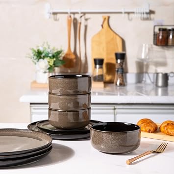 Ceramic Dinnerware Sets of 4,Poreclain Plates and Bowls Sets,Handmade Reactive Glaze Dishes Set,Chip Resistant and Scratch Resistant | Oven&Dishwasher & Microwave Safe,Service for 4-Coffee