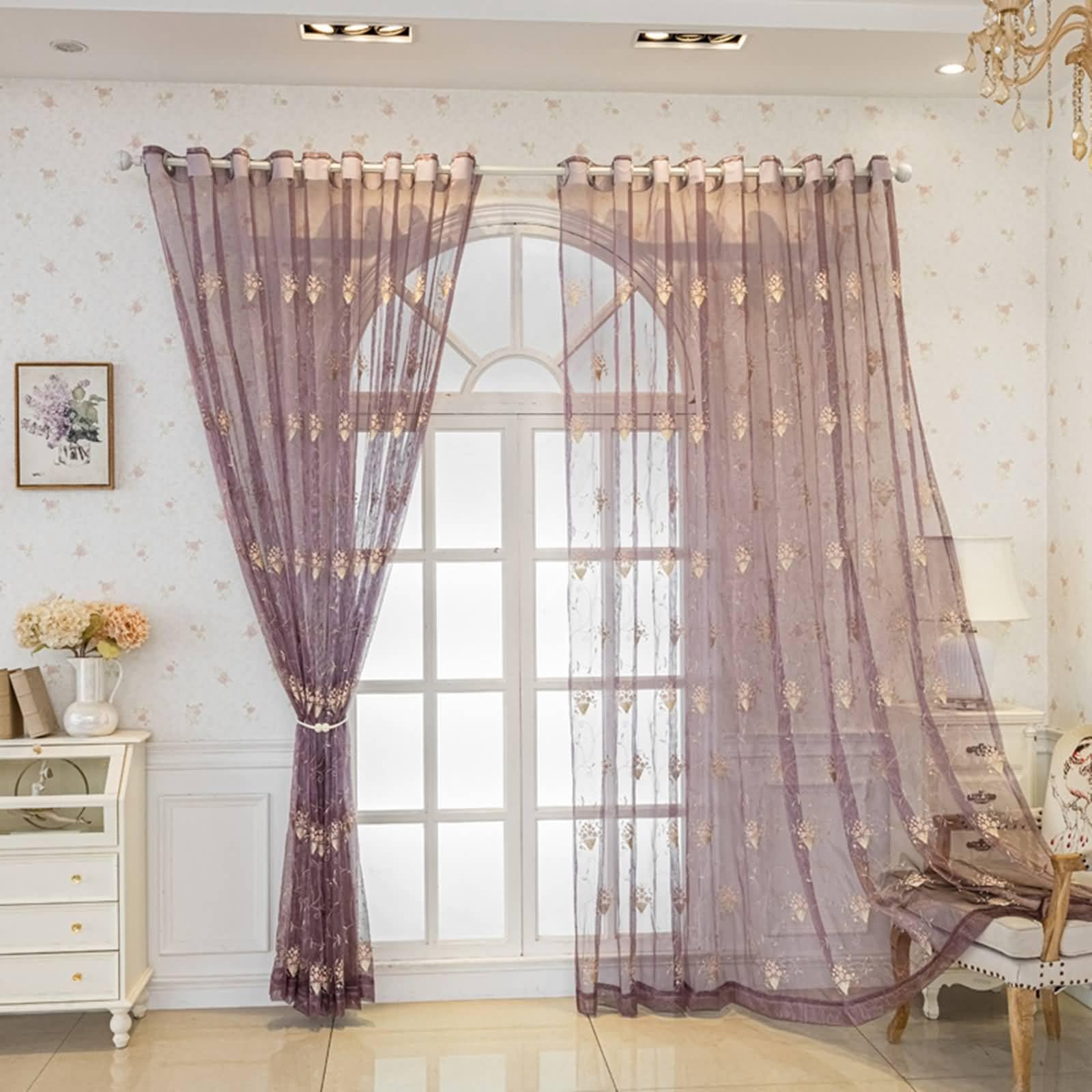 Cortinas 2 Piezas Traslúcidas,2 x 107W x 147H CM,Cortinas Ventana Visillos Púrpura Patrón Bordado Floral Cortinas Cocina con Ojales