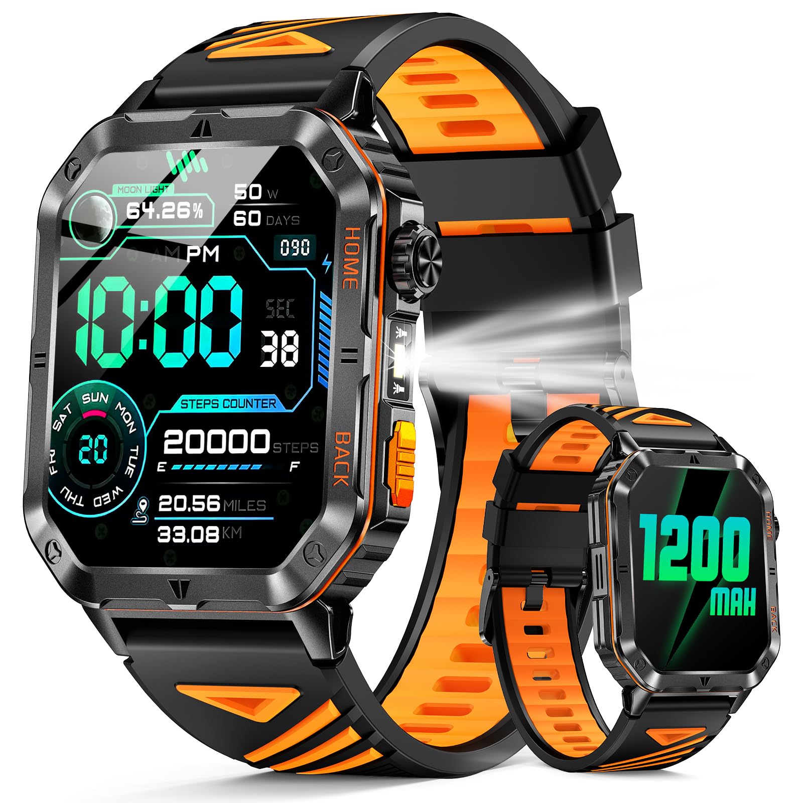 Military Smart Watch for Men 2 01 Fitness Tracker with 1200mAh Long Battery Life Bluetooth Calls Flashlight IP68