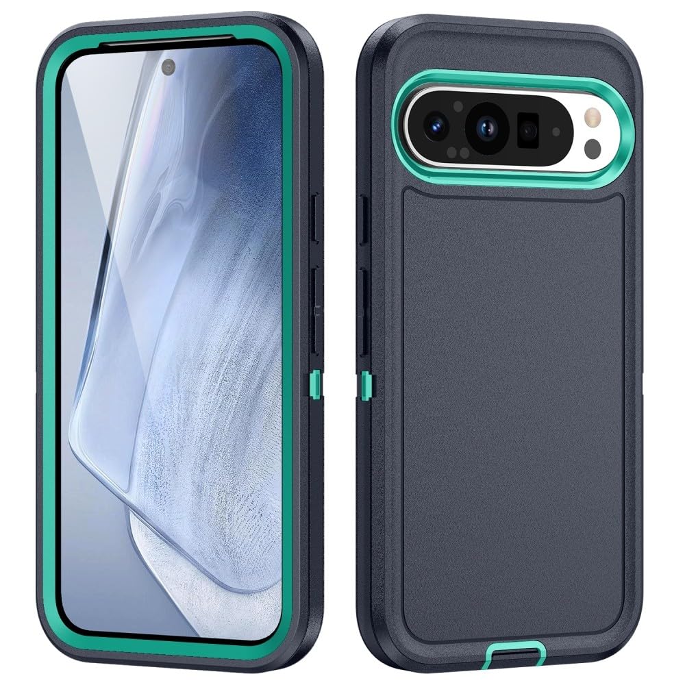 Coque Google Pixel 9 Pro silicone bleu foncé vert menthe double couche arrière