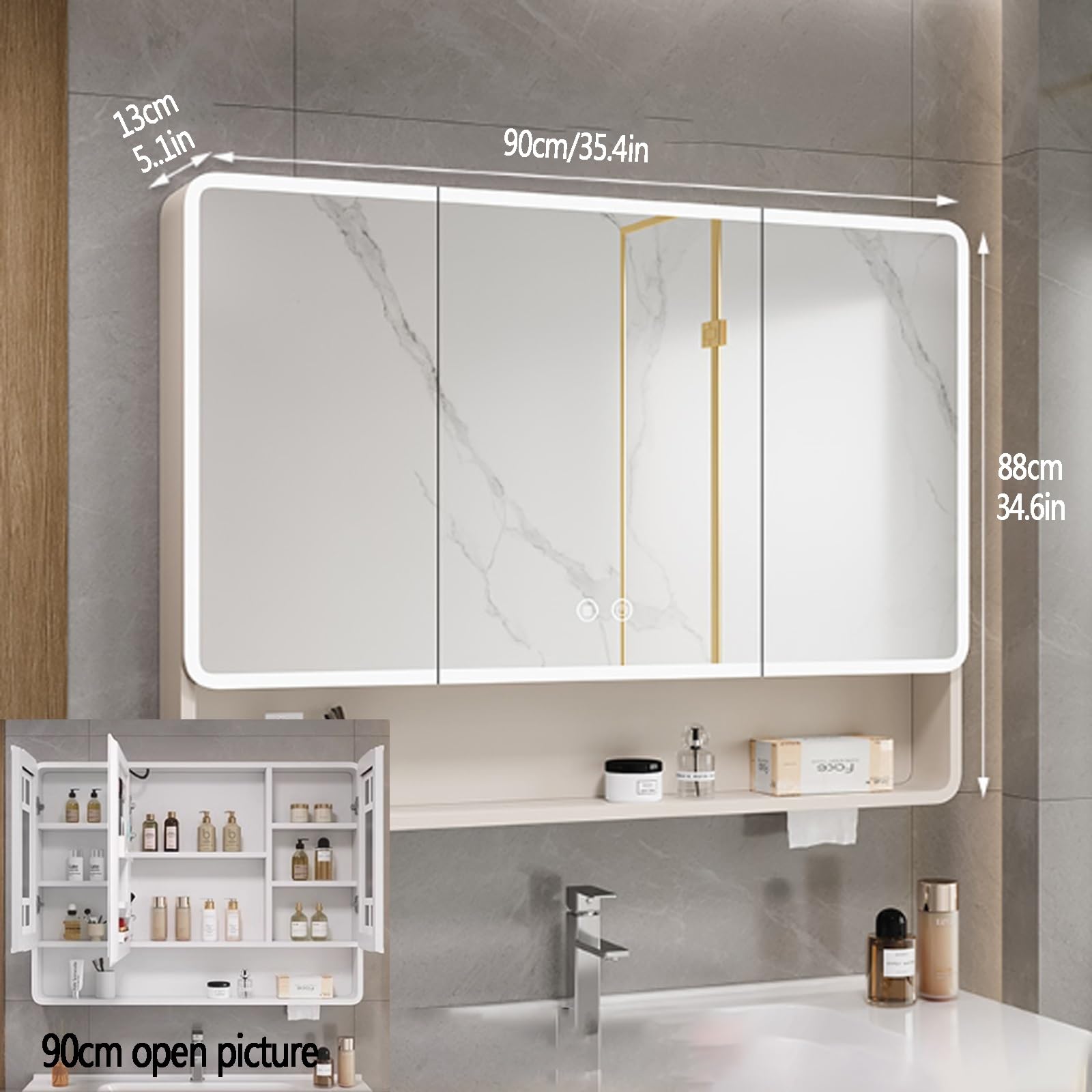 Aluminiowa inteligentna szafka medyczna z lustrem i przeciwmgielnym lustrem łazienkowym LED, szafka ścienna z otworem na papier, otwartą półką i kontrolą dotykową, bian