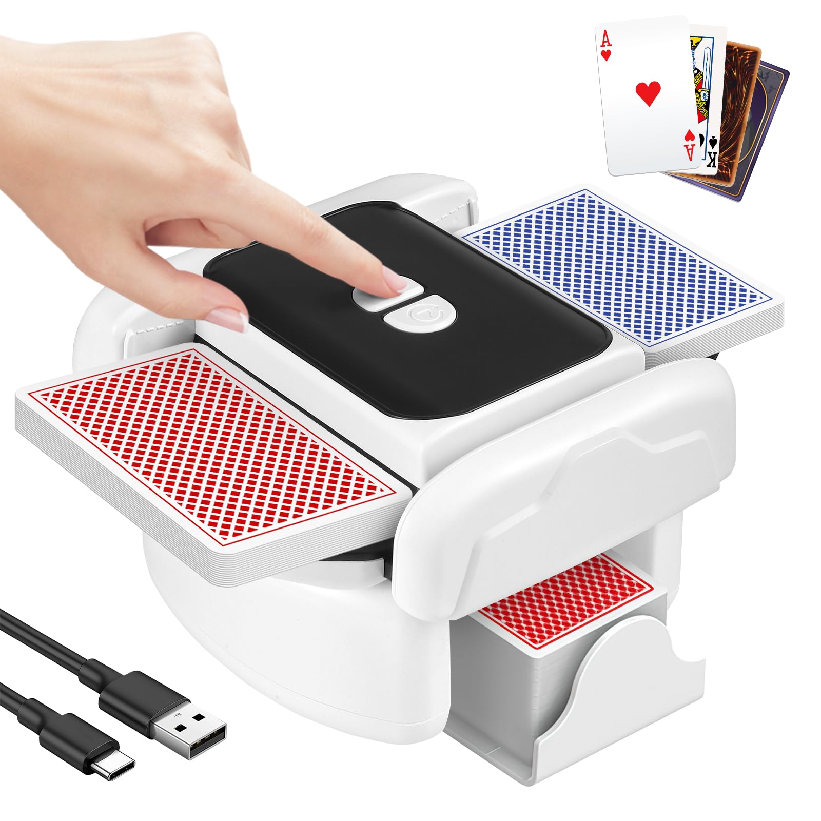 Kartenmischmaschine Elektrische für 1–2 Decks, Automatischer Kartenmischer mit One-Press Auto & Manueller Modus, Wiederaufladbarer Geräuscharmer Kartenmischgerät für Poker UNO Blackjack Skip-BO