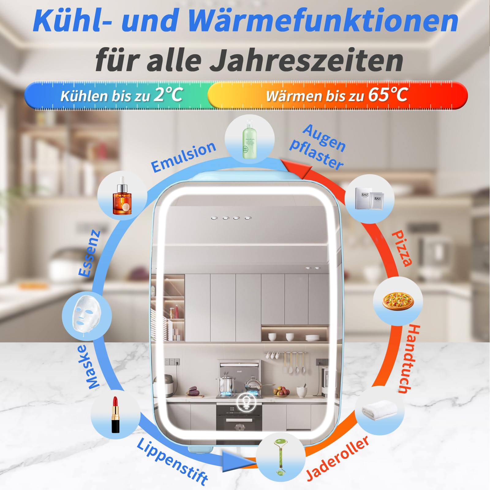 YASHE Mini Kühlschrank, Skincare-Kühlschrank mit LED-Lichtspiegel, 4-Liter-Kleinkühlschrank tragbar, 220V AC / 12V DC Thermoelektrische Heizung und Kühlung für Auto, Büro, Wohnheim (Blau)