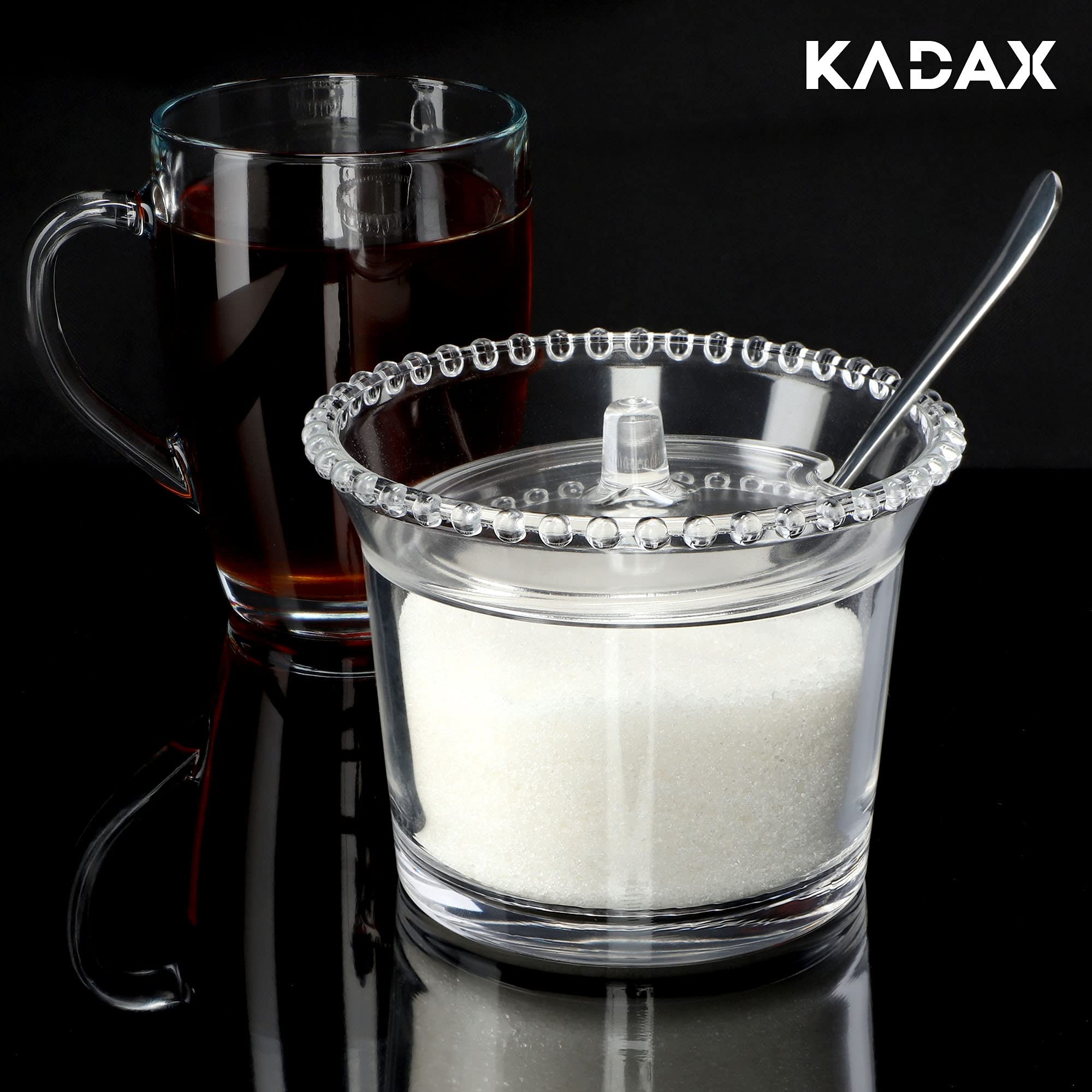KADAX ADAX Zuccheriera in vetro, contenitore per spezie con coperchio ergonomico, contenitore in vetro trasparente per zucchero, portaspezie con base rinforzata (rotondo, con sfere)