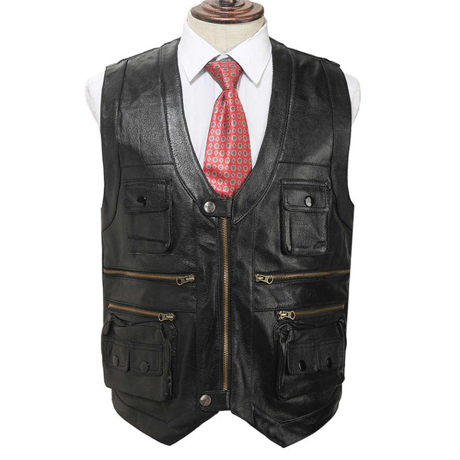 Multi-Pocket Vest Herren Schwarz Fotografie Weste Leder Motorrad Motorrad Weste Herbst Ärmellose Jacke