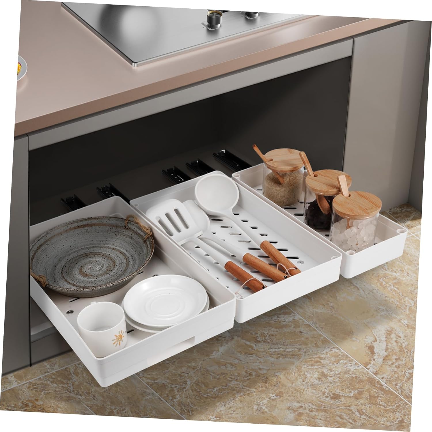 3pcs Cabinet Pull-Out Organizer Kitchen Shelf Pull-Out Storage Pan Rack Organizer No Drill Spacious