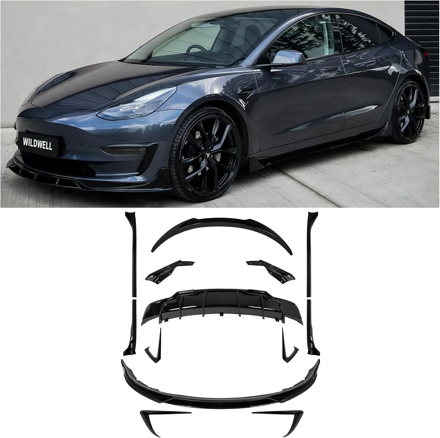 WildWell Full Body Kit For 2017-2023 Tesla Model 3, Rear Spoiler, Rear Diffuser, Front Lip, Side Skirts, Fog Light Trims Model 3 Accessories Glossy Black
