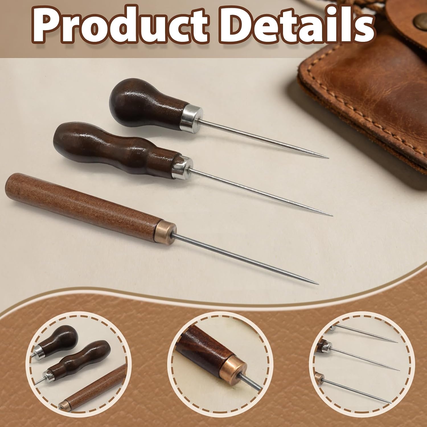 Aoserge Awl Tool Set - 3 Pcs Leather Craft Punch Tools with Gourd Shape Handle, Stainless Steel Needles for Sewing, Marking & DIY Projects, Awl Tool Set for Leather, Fabric & Shoe Repair