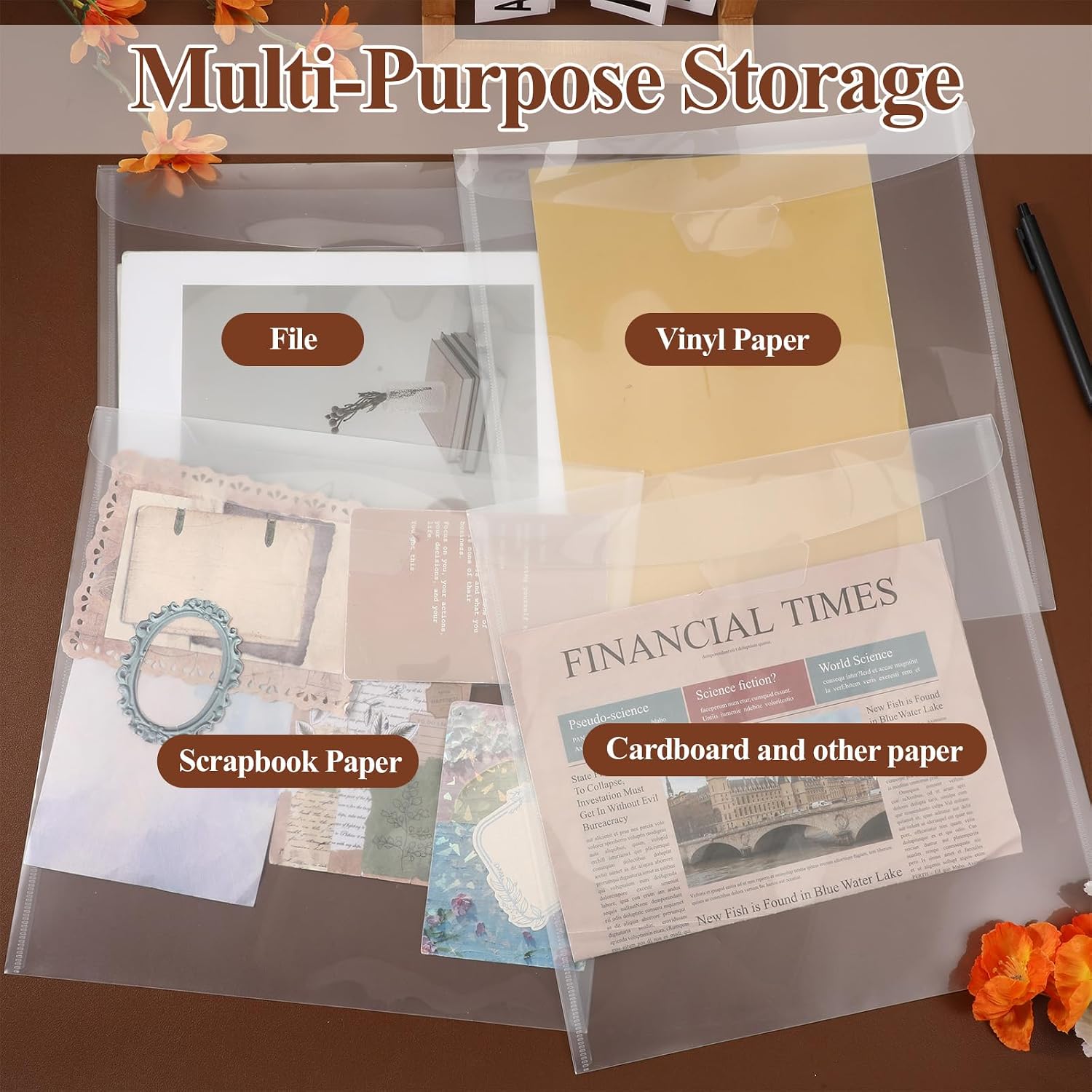 36Pcs Clear Scrapbook Paper Storage Organizer, 12x12 inch Top Loading Plastic Paper Cardstock Holder with 120Pcs Sticky Index Tabs, for Holding Scrapbook Vinyl Sheet Photos File