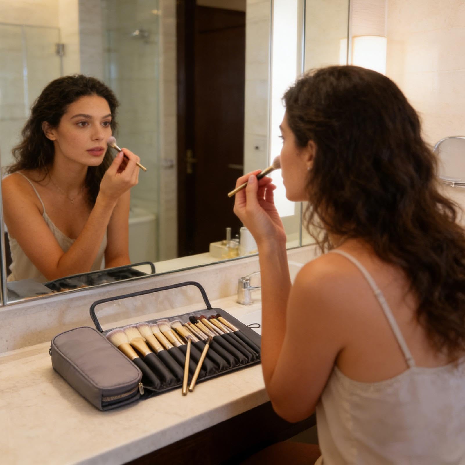 Borsa pieghevole per pennelli da trucco, organizer per cosmetici impermeabile per viaggi, contiene pennelli, articoli da toeletta e strumenti di bellezza, ideale per l'uso quotidiano, ufficio, scuola