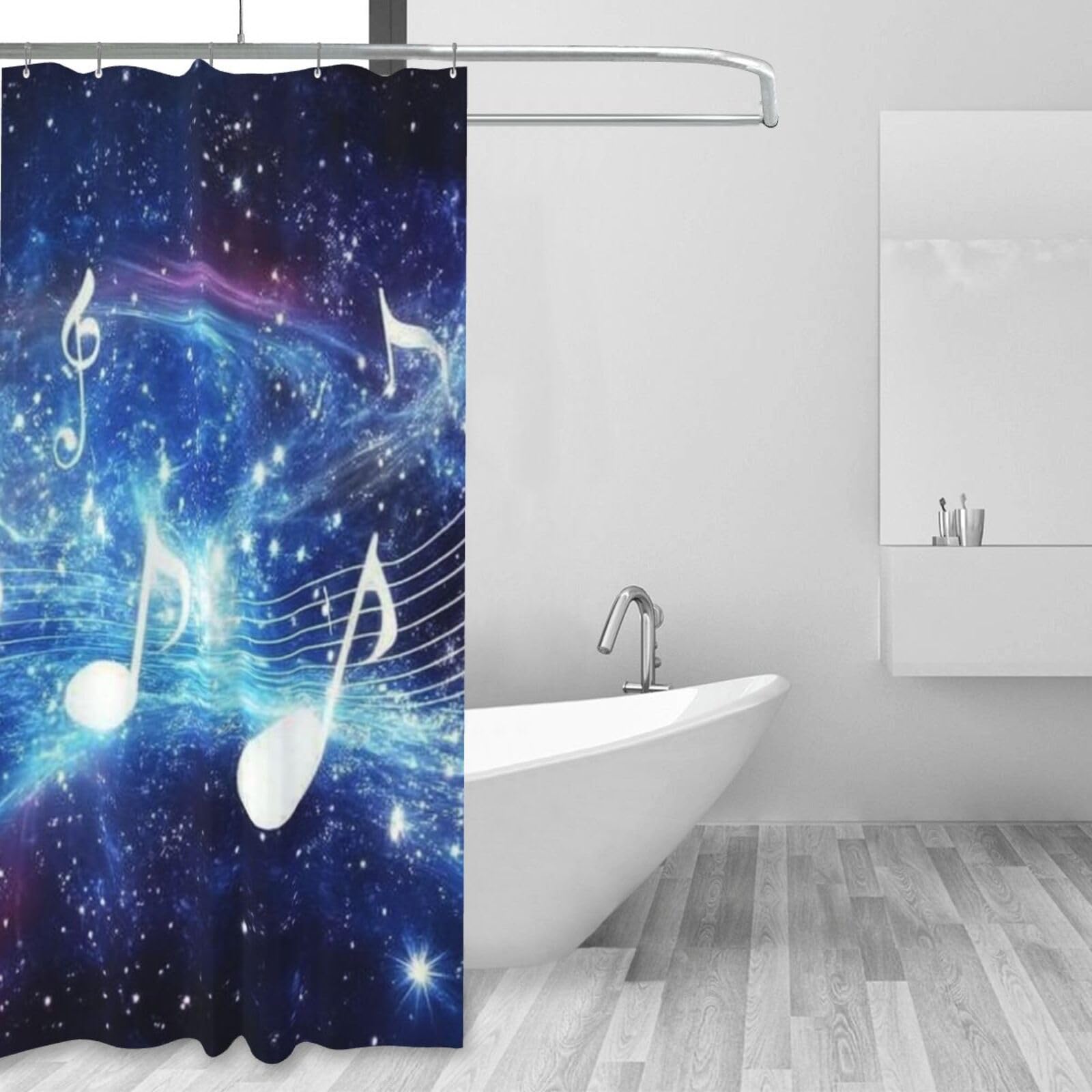 Cortina de ducha con estampado de notas musicales de noche estrellada, 152 x 183 cm, cortina de ducha de tela de poliéster impermeable, decoración de bañera con 12 ganchos, secado rápido, lavable