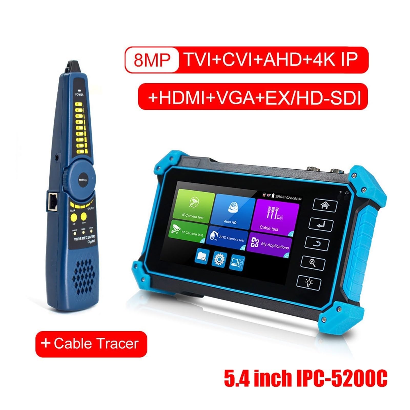 Tester CCTV, 5,4-calowy Tester Telewizji Przemysłowej Kamera IP 4K Testery Monitorów CCTV VGA IPC POE AHD CVI TVI SDI Testowanie Kabli Cftv Tester Kamery,Lekki(5.4 inchIPC-5200C)