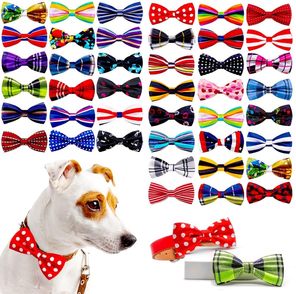 40 pcs Small Dogs Collar Attachment, Slides Bowties Neck tieBows, Handcrafted Double Layer Check Polka Dot Stripes etc Removable Collar…