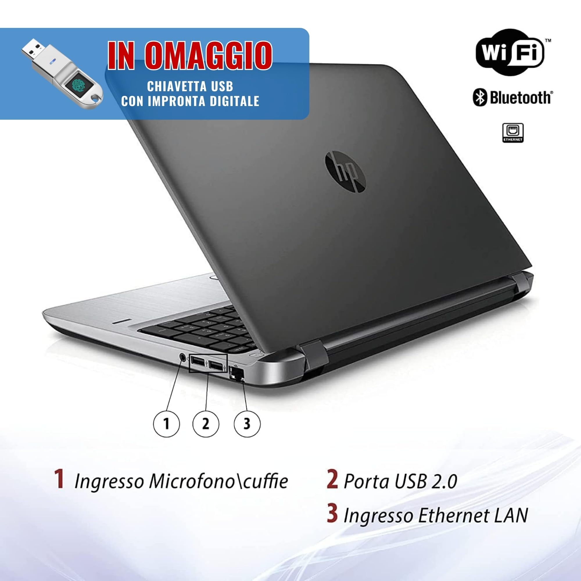 HP, Probook, Pc Portatile Notebook Intel i5-6th, Display HD da 15,6", Ram 16Gb, SSD 512Gb, Pacchetto Libre, Chiavetta FInger Print (Ricondizionato)