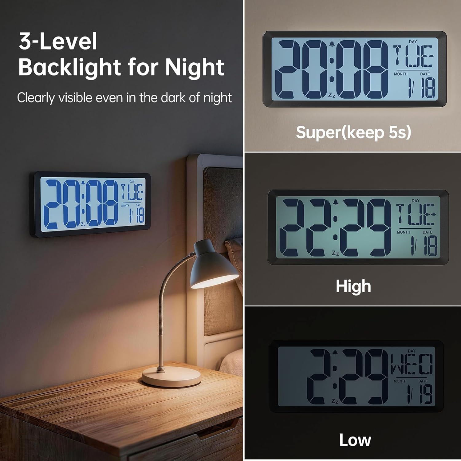 14.2" Battery Operated Clock with Backlight, 4.56" Digit Large Digital Wall Clock for Classroom,LCD Digital Clocks Large Display with Date,Week,Alarm,Temp DST for Living Room,Office,Bedroom