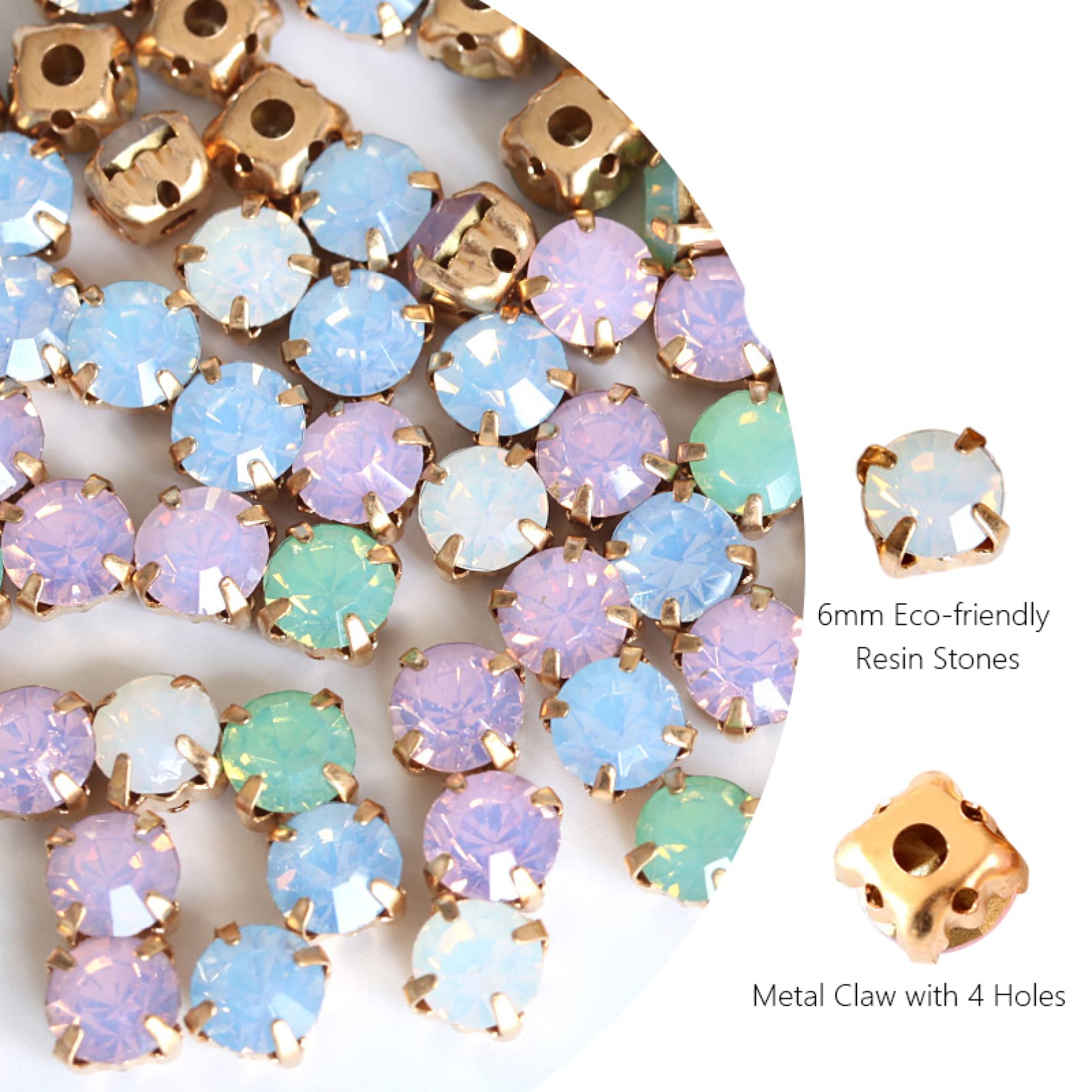 Pierres précieuses en Strass Lot de 100 Strass en Verre à Coudre en résine de Couleurs opales mélangées avec Griffe dorée et Cristal à Dos Plat
