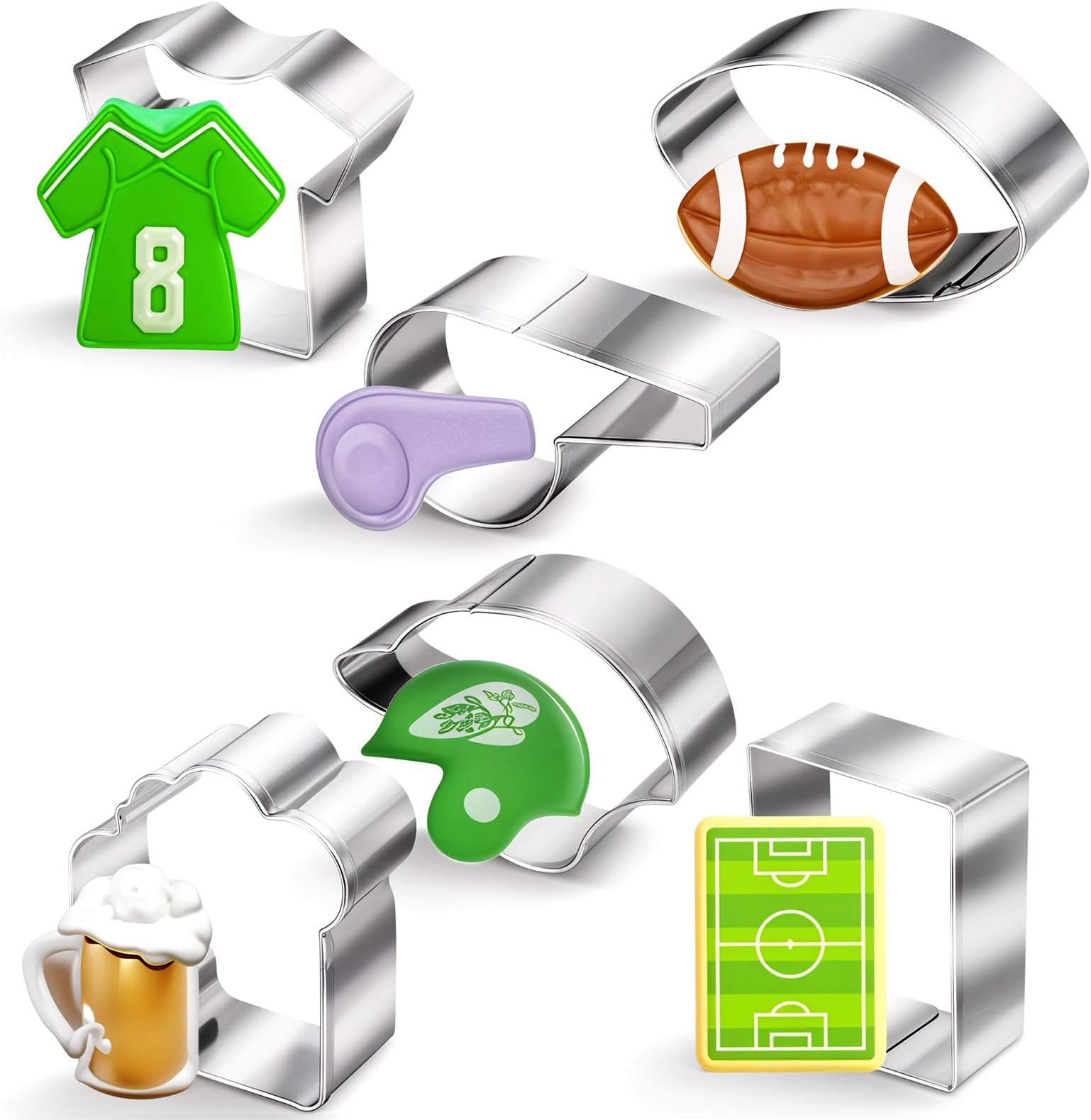 6pcs Football Cookie Cutter Set – Stainless Steel Sports Biscuit Cutters, Includes Football, Rugby Cap, Whistle, T-Shirt, Rugby Ball & Beer Mug Shapes – Ideal for World Cup Party Baking (6 Piece)