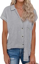 siliteelon Linen Shirts for Women Button Down Shirts Short Sleeve Cotton Collared V Neck Solid Casual Blouses with Pocket