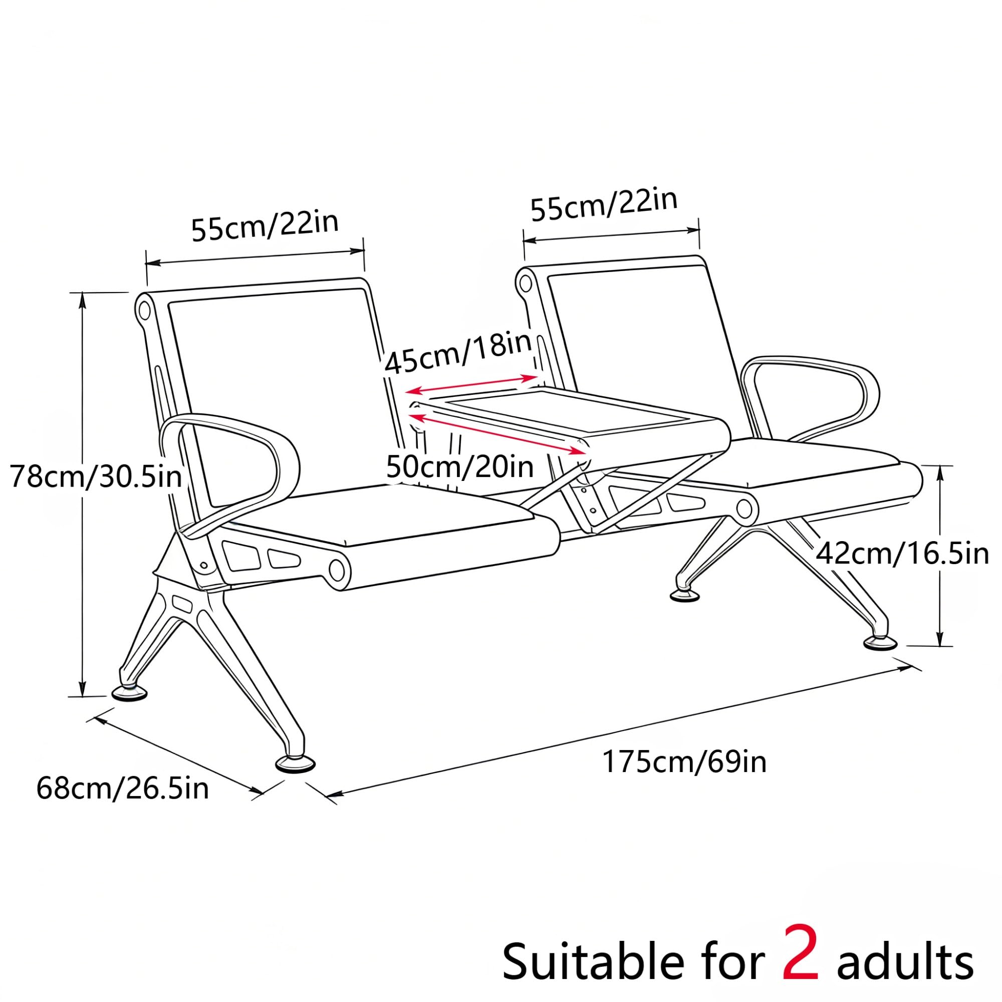 Ergonomische Polsterbank mit Rückenlehne und Mitteltisch für Flughafen, Krankenhaus, Klinik, Bank, Büro, öffentlichen Wartebereich - 2-Sitzer Wartezimmerbank