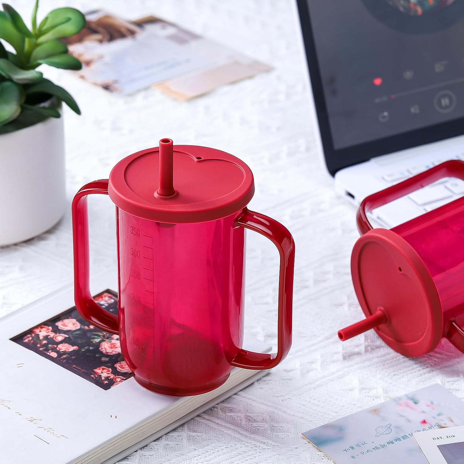Sliner Adult Sippy Cups for Elderly 12 oz Straw Sippy Cups with 2 Handles No Spill for Adults Spill Proof Dysphagia Cup for Disabled Patients(Red) - Image 5