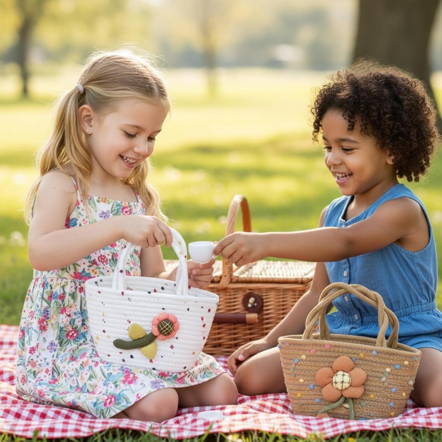 Dicunoy 2 PCS Little Girls Purses, Small Flower Handbags with Handles, Cute Easter Cotton Woven Beach Boho Bags for Princess, Outdoor Activities, Gift - Image 2