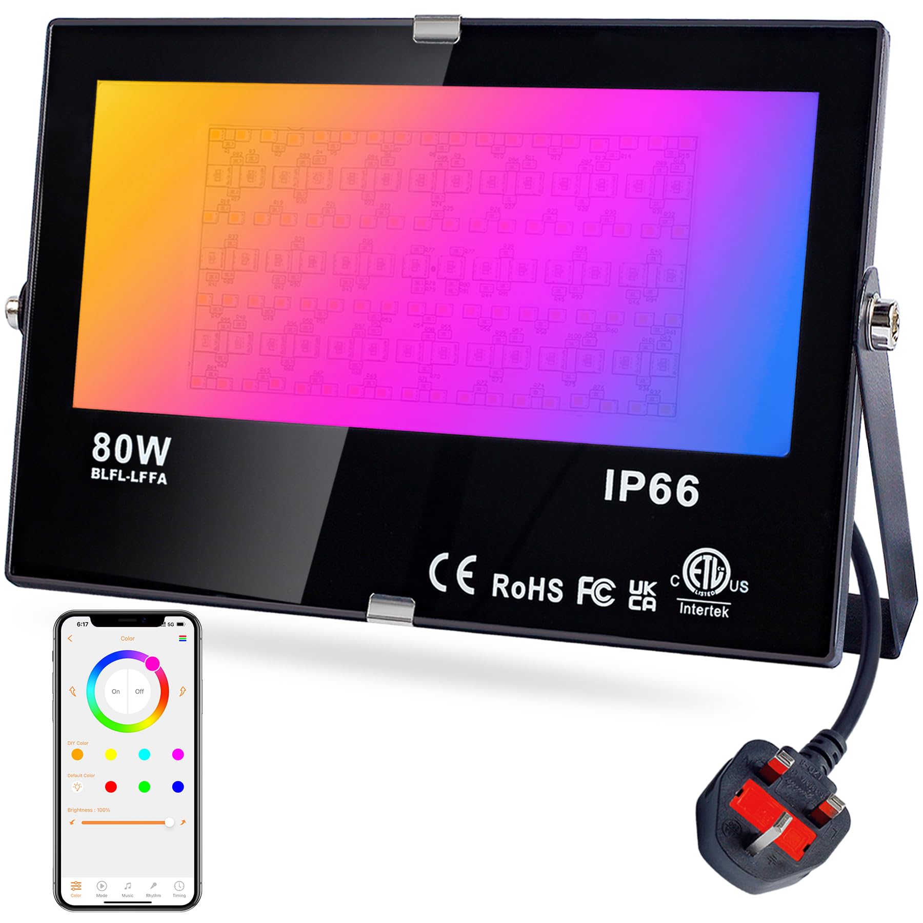 DUSKTEC LED Floodlight Outdoor 80W, Colour Changing Smart Flood Lights with Timer & Plug, IP66 Waterproof RGB Garden Lighting Mains Powered Spot Lights with APP Controlled