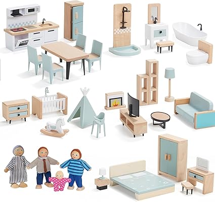Giant bean 36pcs Wooden Dollhouse Furniture Set 5 Rooms 4 Family Dolls, Wood and Plastic Blue Dollhouse Accessories, Pretend Play Furniture Toys Christmas Birthday Gift for Boys Girls Kids Toddlers 3+