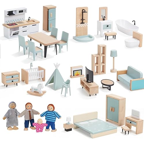 Giant bean 36pcs Wooden Dollhouse Furniture Set 5 Rooms 4 Family Dolls, Wood and Plastic Blue Dollhouse Accessories, Pretend Play Furniture Toys Christmas Birthday Gift for Boys Girls Kids Toddlers 3+