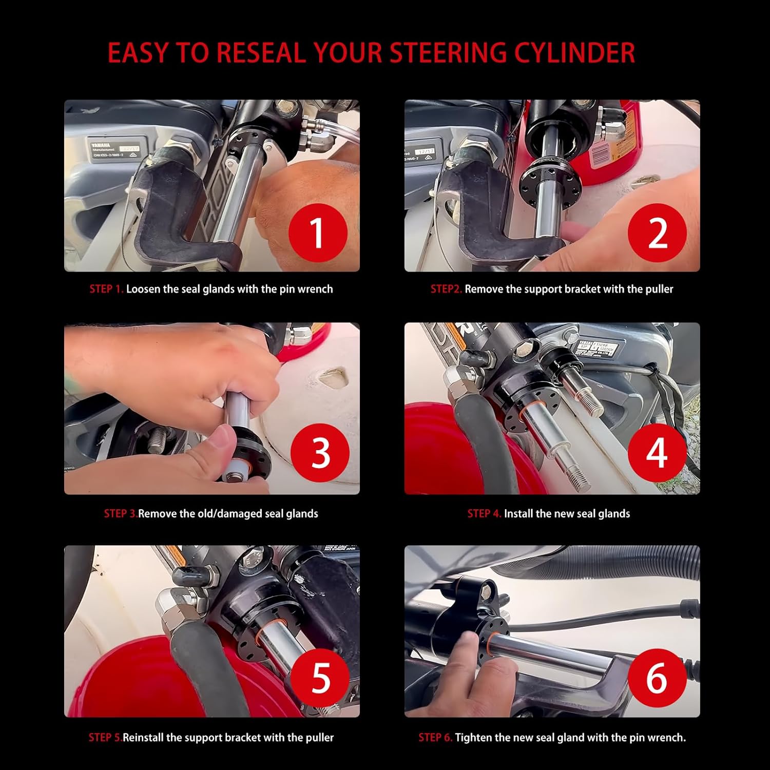 For Seastar HC5345 Seal Kit, Front Mount Hydraulic Steering Cylinder Repair Kit with HS5157 Pin Wrench and Support Bracket Puller, Compatible with HC5340 HC5341 HC5342 HC5343 HC5344 HC6750 HC6751