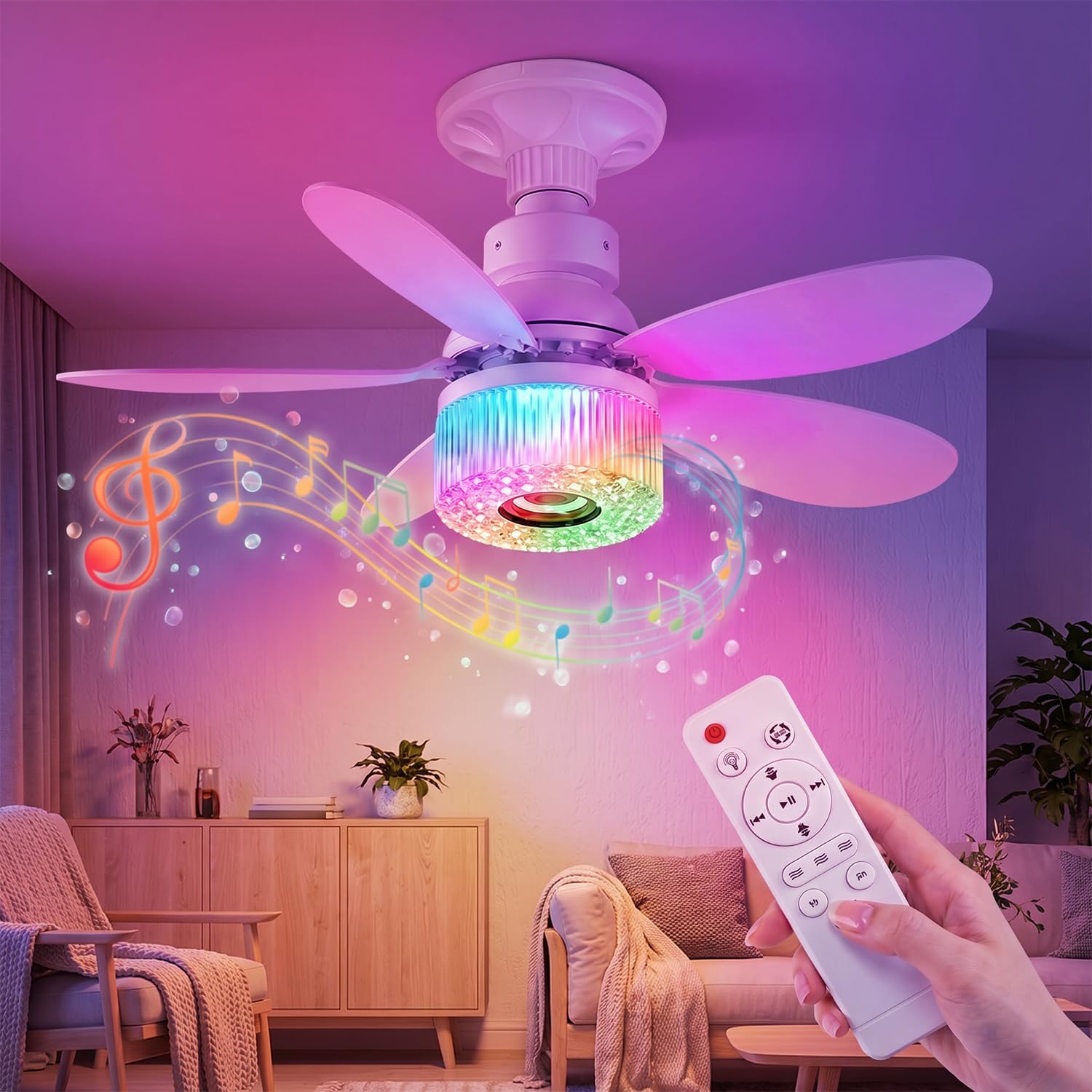 Socket Fan Light with Remote, 20" 30W Ceiling Fans with Lights, 9 Color RGB Lights,3 Speeds,Bluetooth Speaker,Timer, E26/E27 Screw In Ceiling Light Bulb Fan for Bedroom, Kitchen, Garage, Living Room