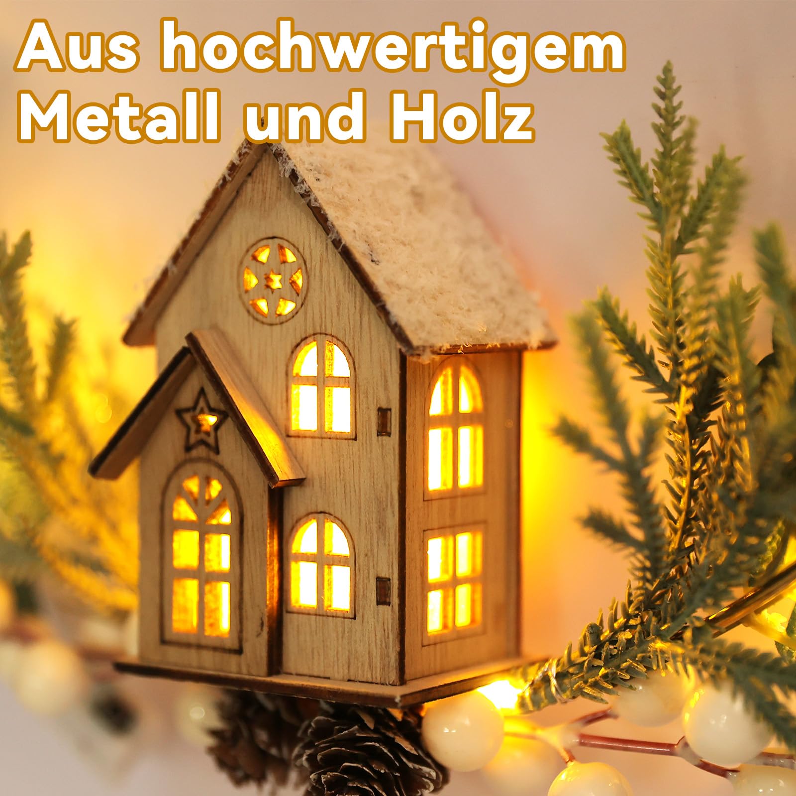 Fensterdeko Weihnachten LED Dekoring mit Holzhaus, Kranz zum Aufhängen Fenster 30cm mit 20 LED Beleuchtet, Deko Weihnachten Hänge Metall Ring mit Kunstblumen, Winter Deko Fenster Deko