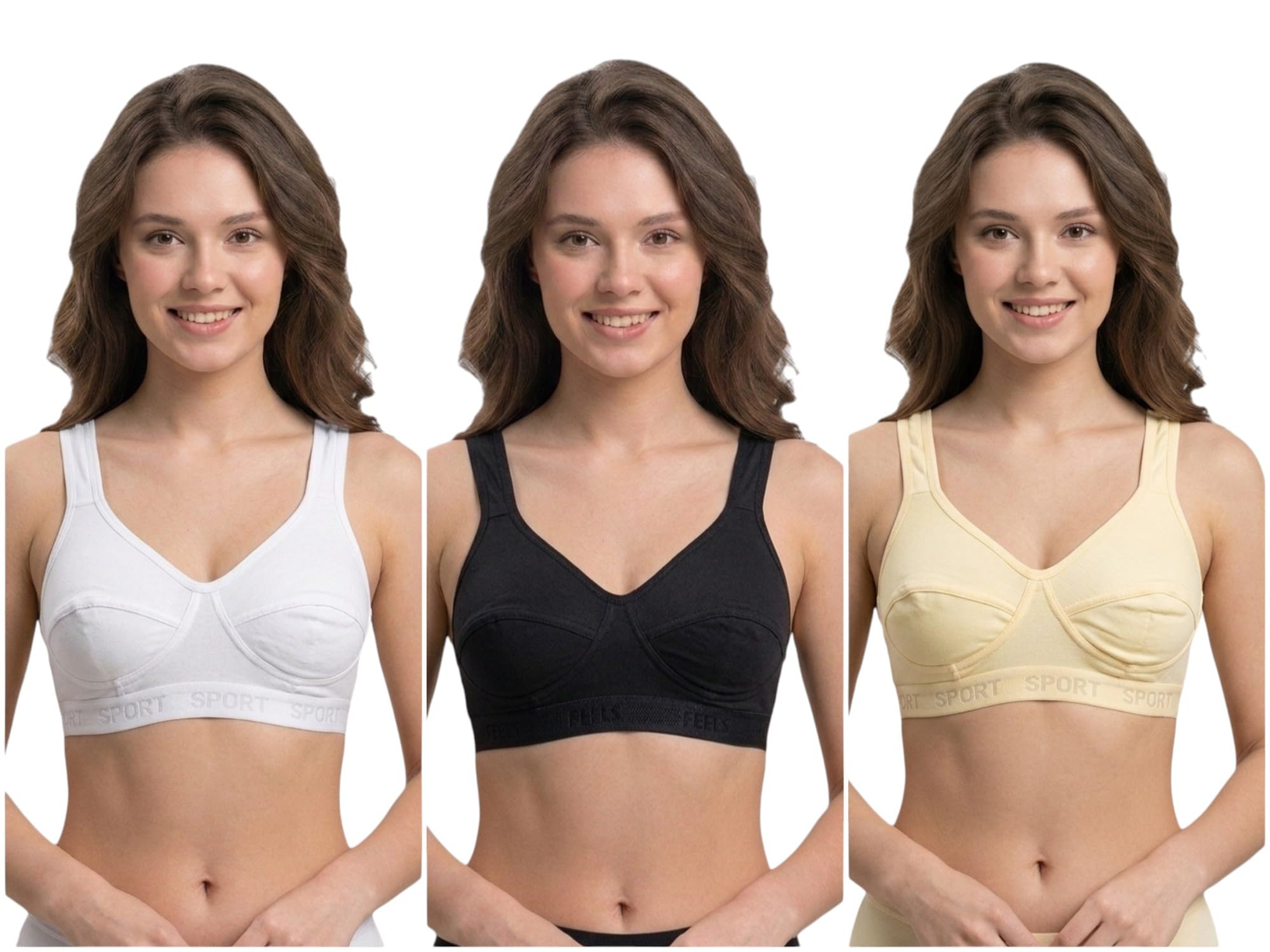Women's Non-Wired Sports Bra, Pack of 3, White/Black/Cream-picture-28