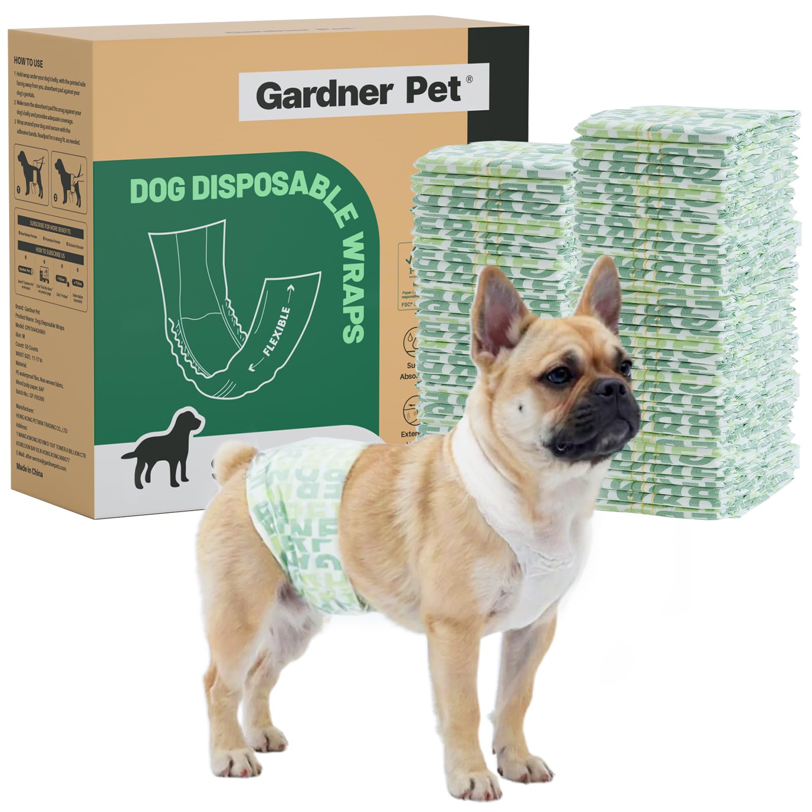 Gardner Pet Male Dog Nappies Wraps with Wetness Indicator, 50 Count, Super Absorbent Disposable Dog Nappies Male, 6 Layers of Leak-proof, Suitable for Puppy Training, Incontinence, Small