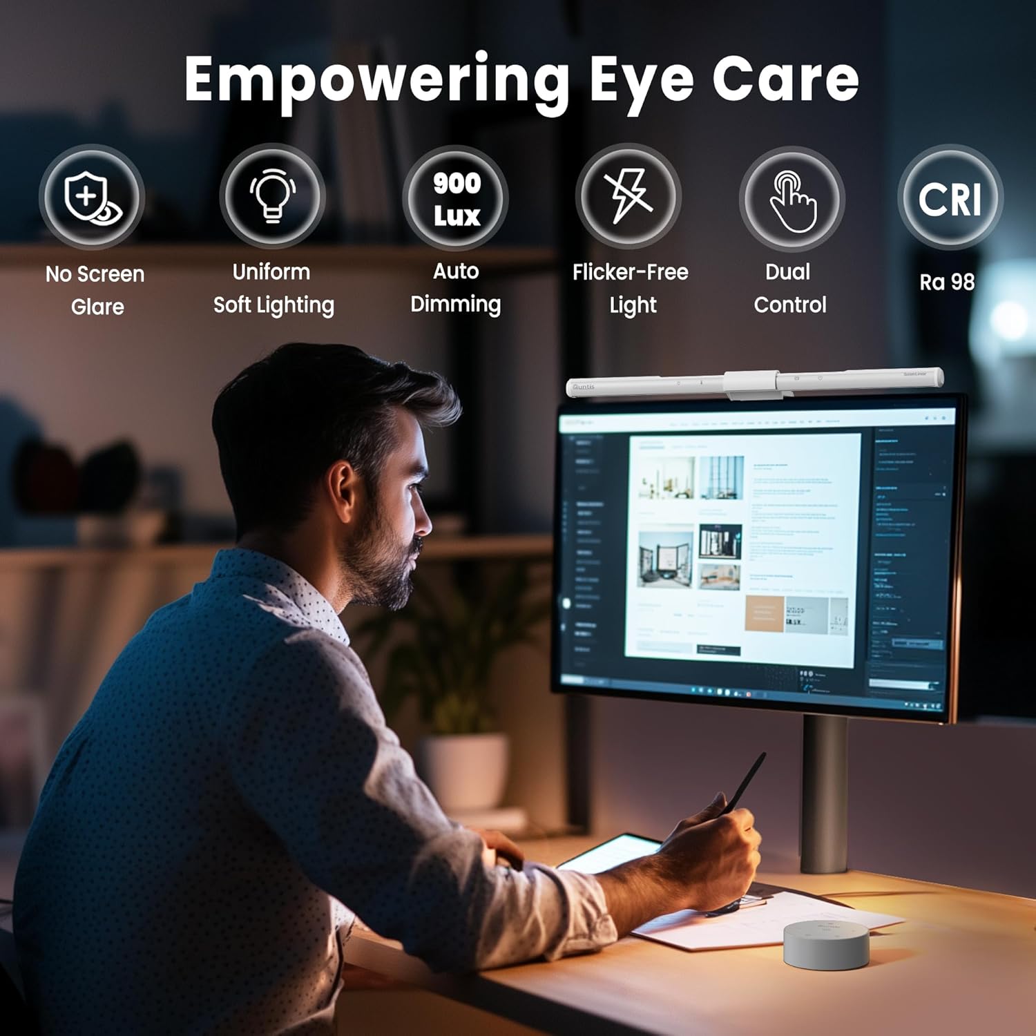 quntis monitor light bar pro white, eye-care no glare usb computer lamp, stepless dimming & auto-dimming brightness, dual control, modern aesthetic space saving desk accessories office gaming reading ?screenlinear pro white