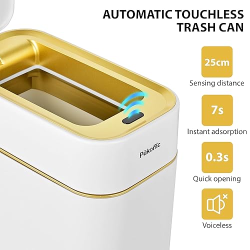 Miniatura 3 de Pukomc Cubo de basura con sensor de absorción automático de 2.3 galones  9 litros, contenedor de basura con sensor de movimiento de oro blanco con