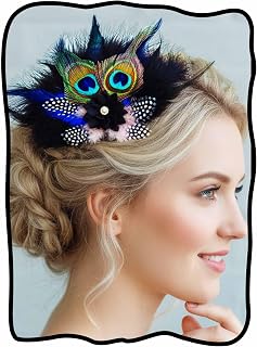 Peacock Feather Hair Clip Fascinator，Elegant Black Flower with Pearl Center, Blue & Black Spotted Feathers for 1920s Gatsby Parties,Vintage Weddings & Flapper Style Accessories